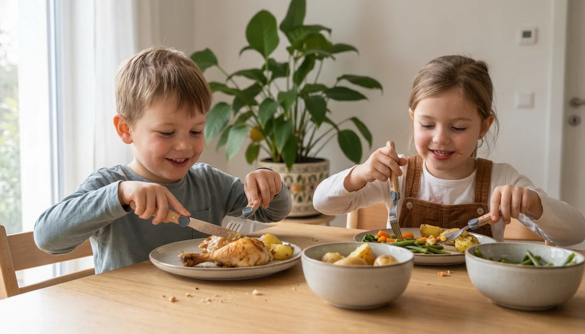 Kleinkinder mit Kinderbesteck sitzen an Tisch und essen